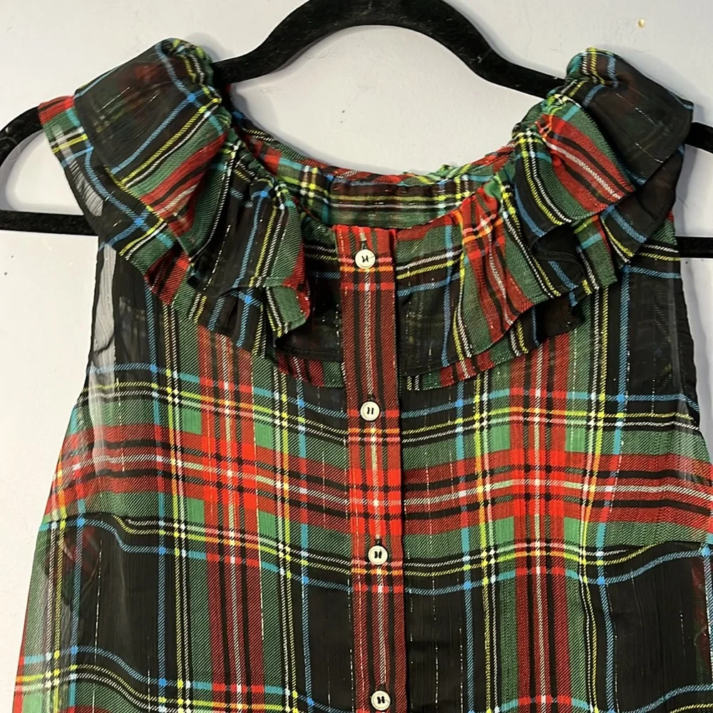 Sheer Sleeveless Plaid J. Crew Ruffle Blouse with Built In Cami Slip Top - Picture 2 of 11